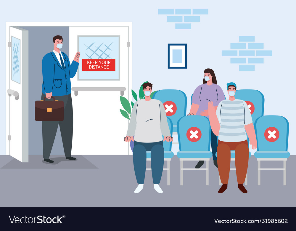 Social distance in waiting room people Royalty Free Vector