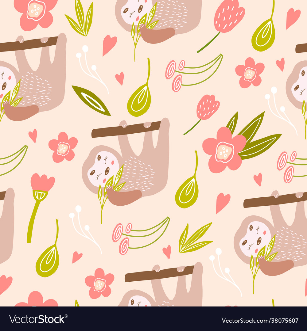 A seamless pattern with cute sloth on tree