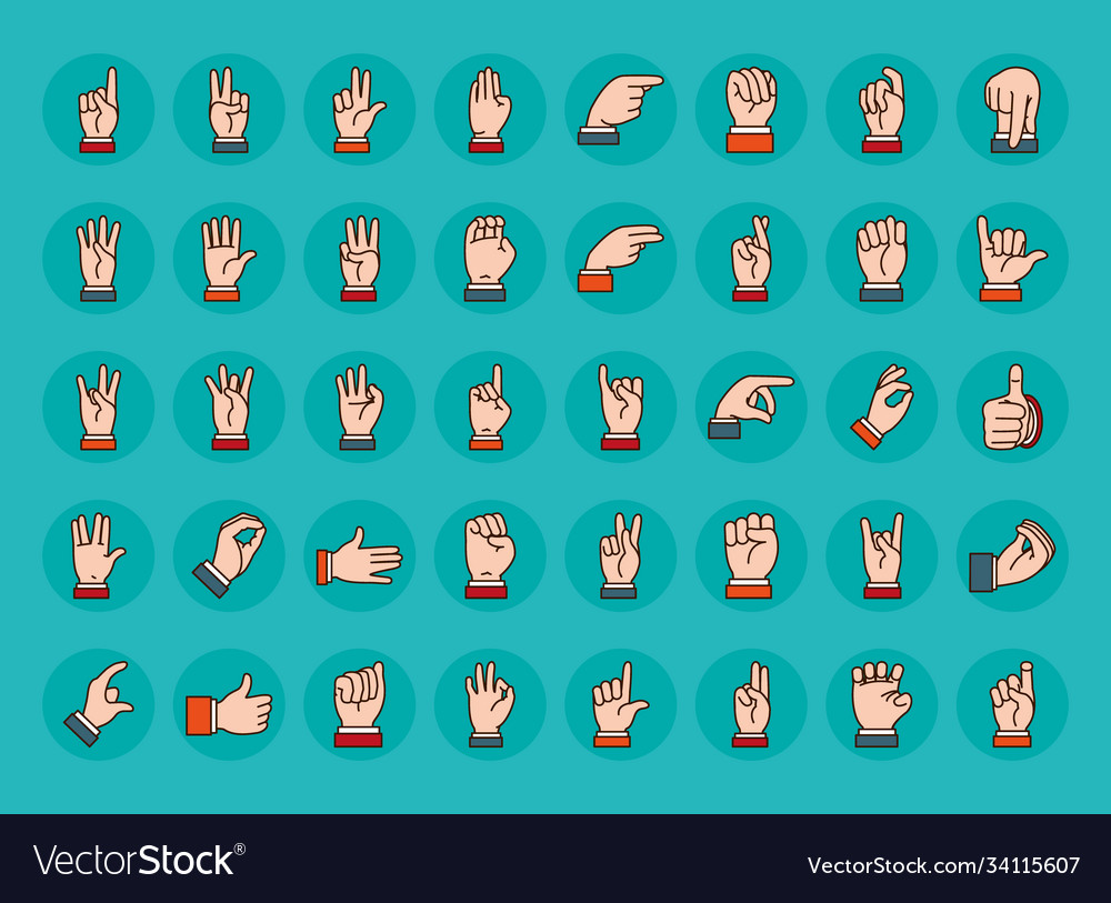 Hands sign language icon set line and fill style