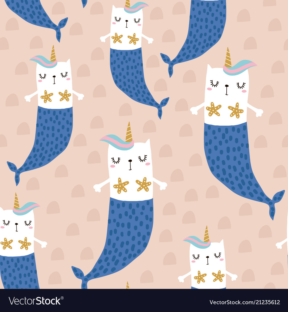 Magic cat mermaid with horn seamless childish vector image Magic cat mermaid with horn seamless childish