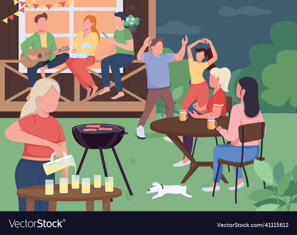 Outdoor party with friends flat color Royalty Free Vector