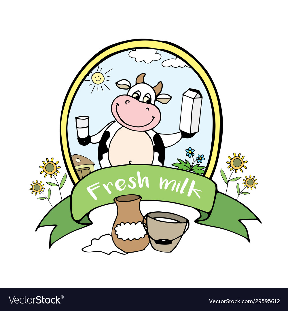 Positive happy cow with milk funny cartoon banner