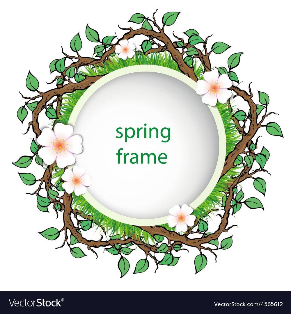 Spring frame with grass and leaves