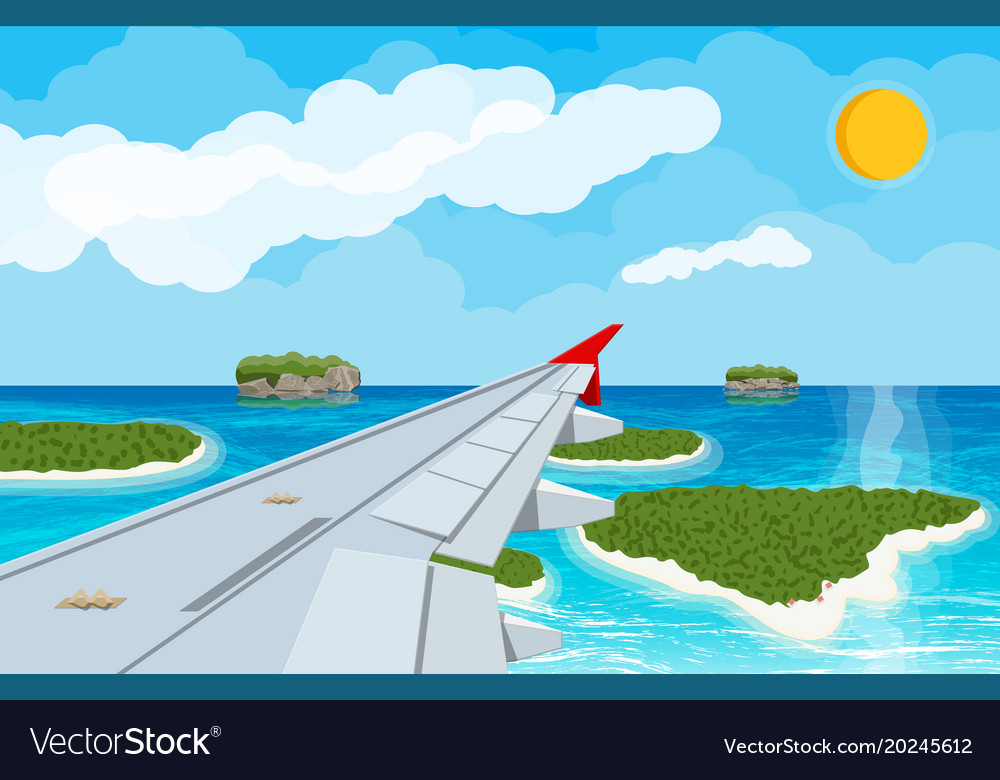 Window from inside the airplane with islands