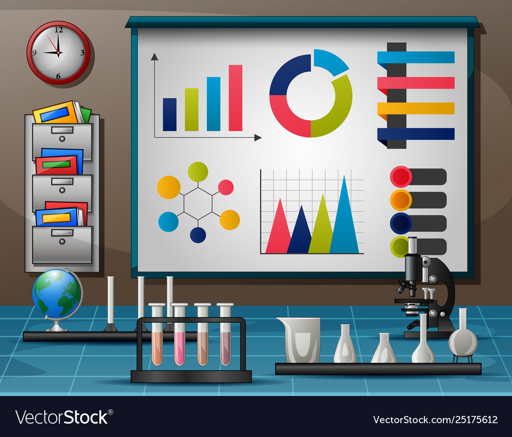 Workspace with table full instruments for scien vector image Workspace with table full instruments for scien
