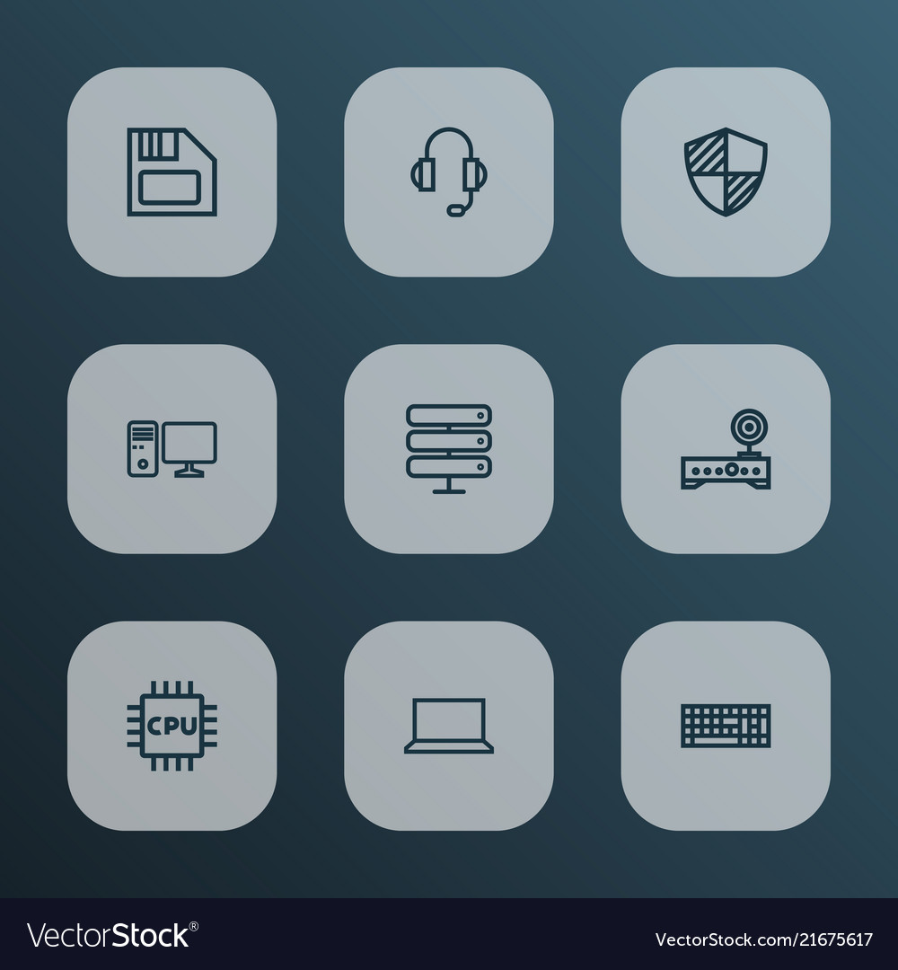 Hardware icons line style set with pc notebook vector image Hardware icons line style set with pc notebook