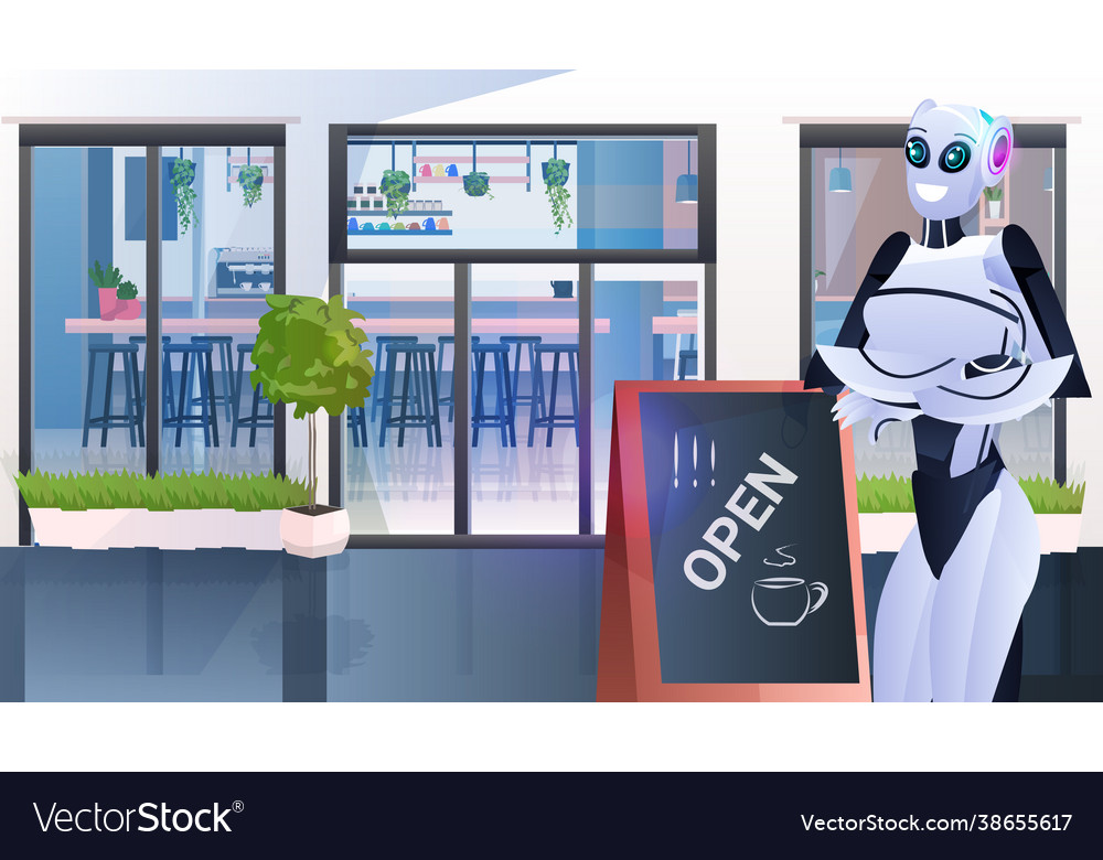 Modern robot waiter with standing near open sign