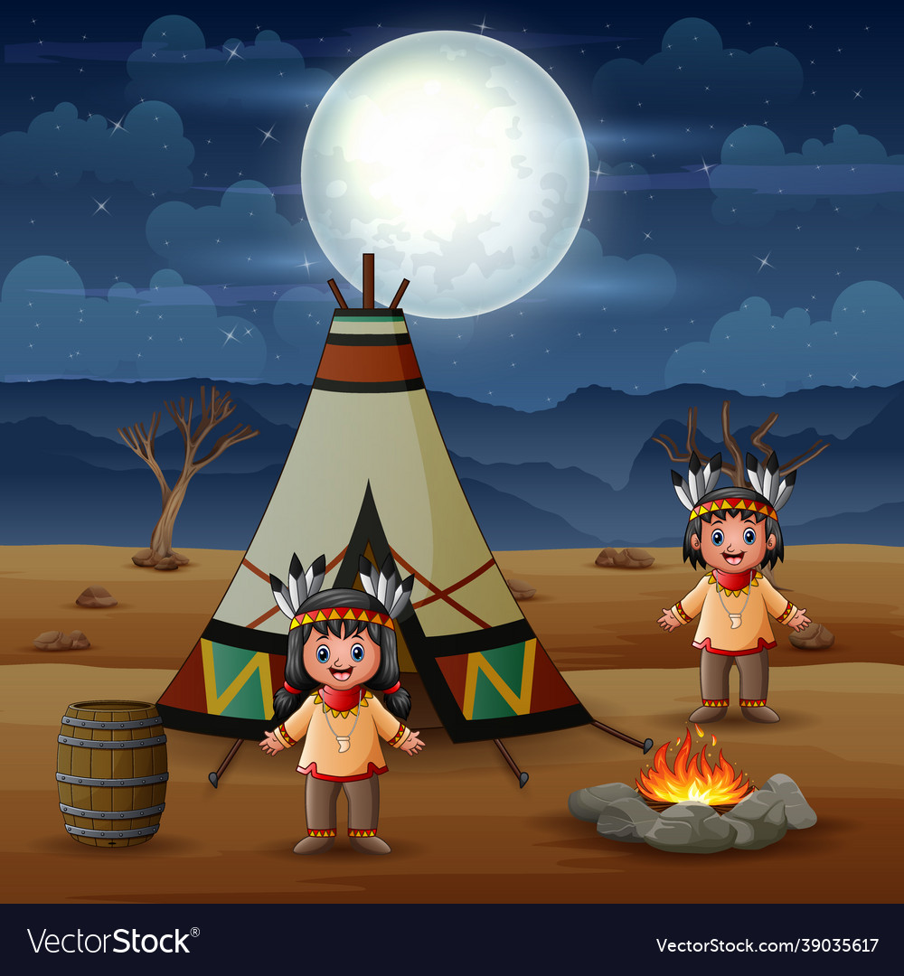 Two american indians cartoon with teepees Vector Image