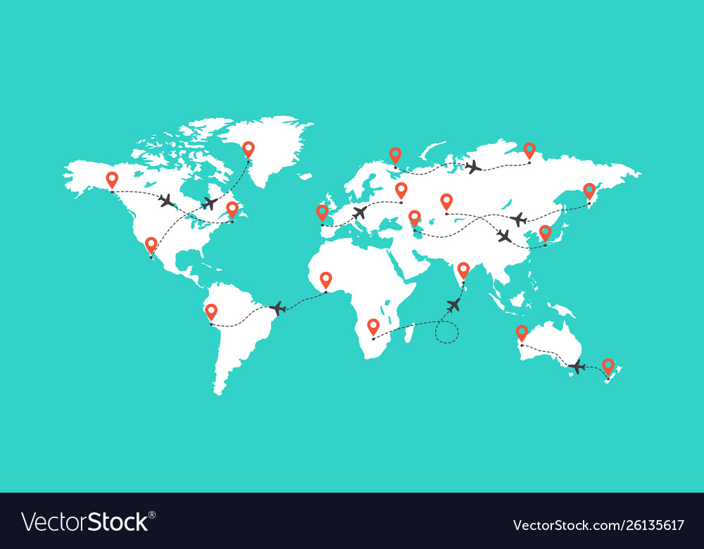 Premium Vector  Travel map with point markers airplane and dashed trace  line in world map background