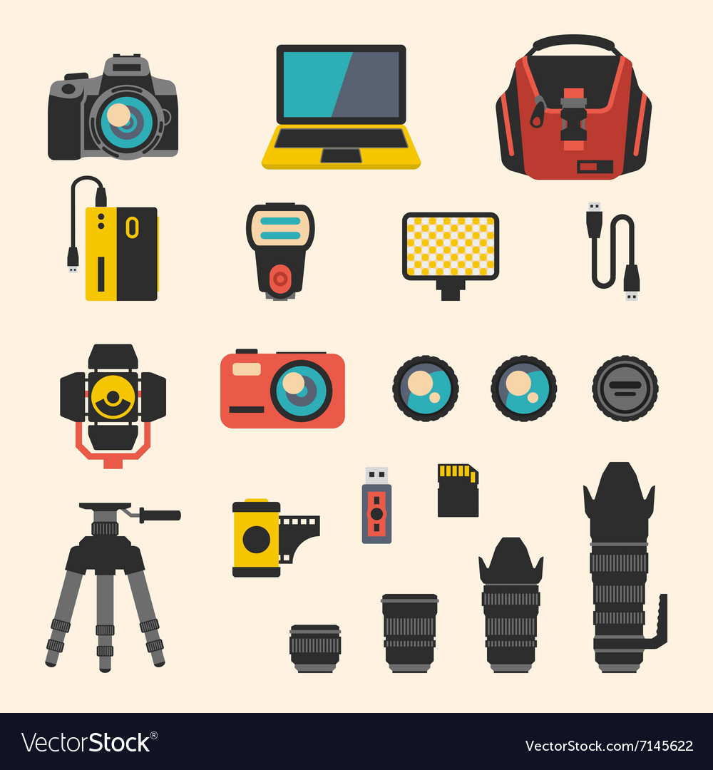 Photographer kit with camera elements flat Vector Image