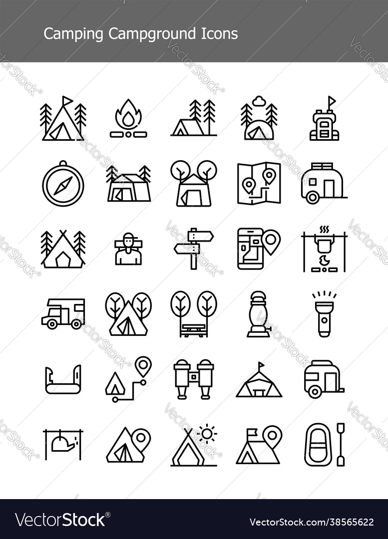 Simple line camping gear campground icons pack Vector Image