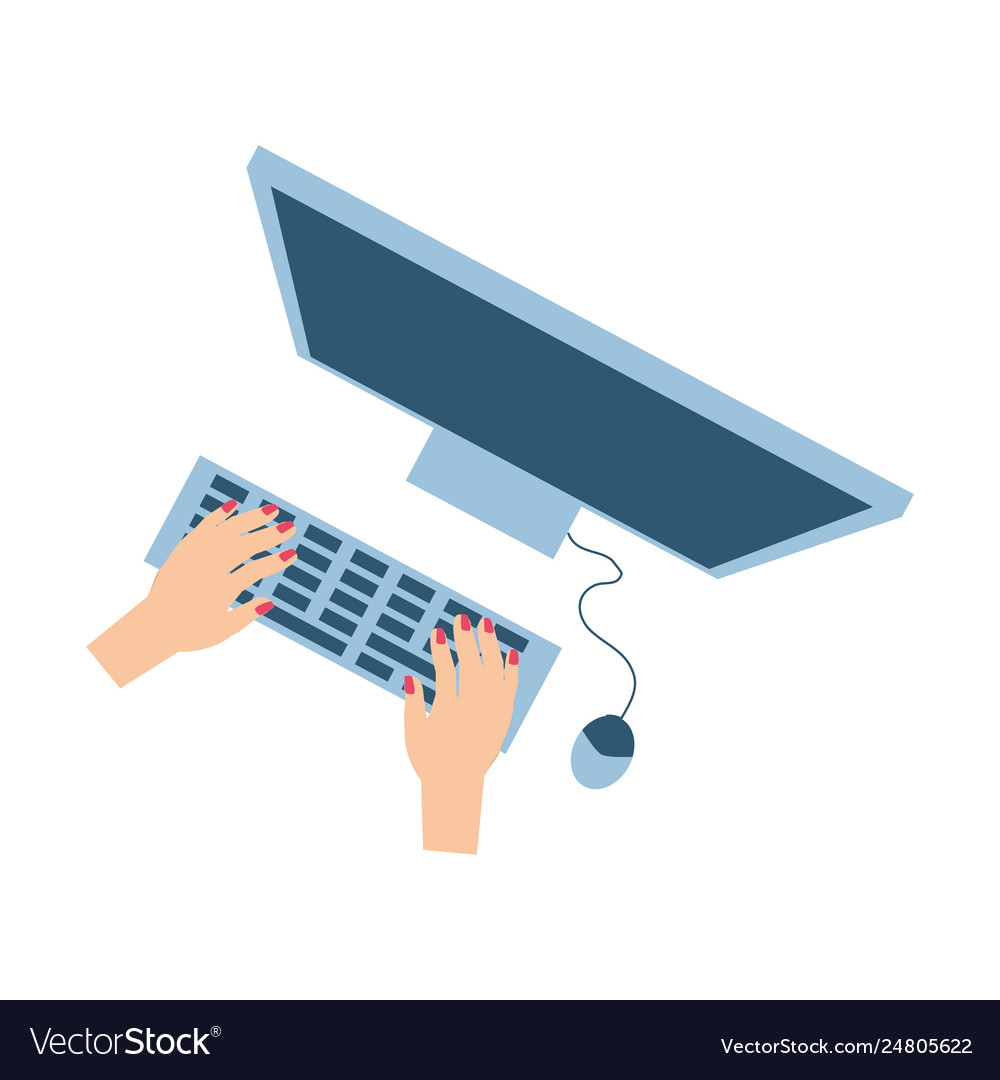 View aerial hands with desktop computer vector image View aerial hands with desktop computer