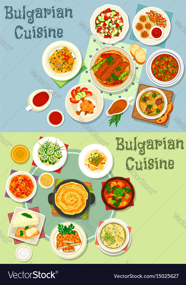 Bulgarian cuisine healthy food dishes icon set Vector Image