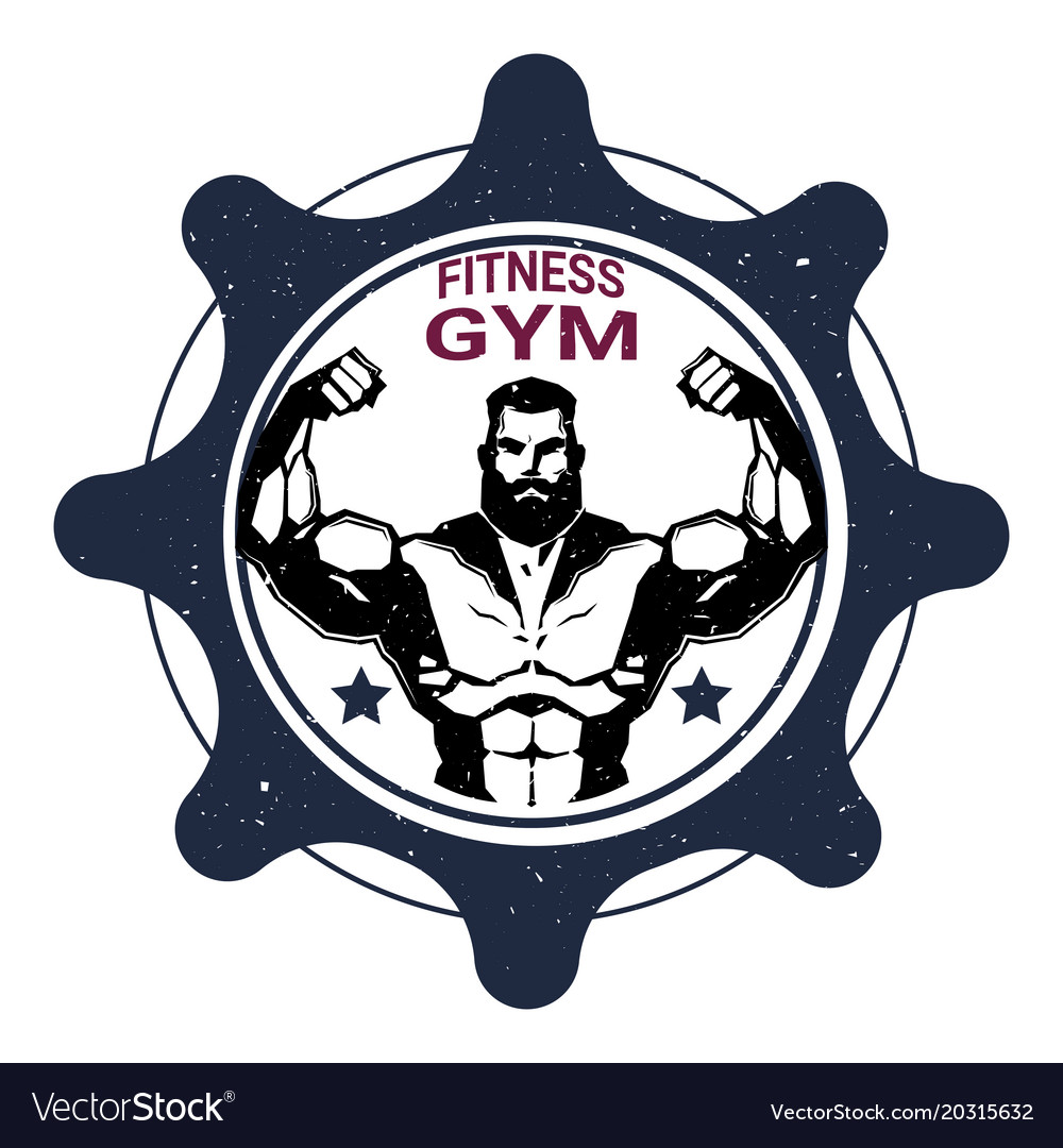 Fitness gym label with strong athletic man Vector Image