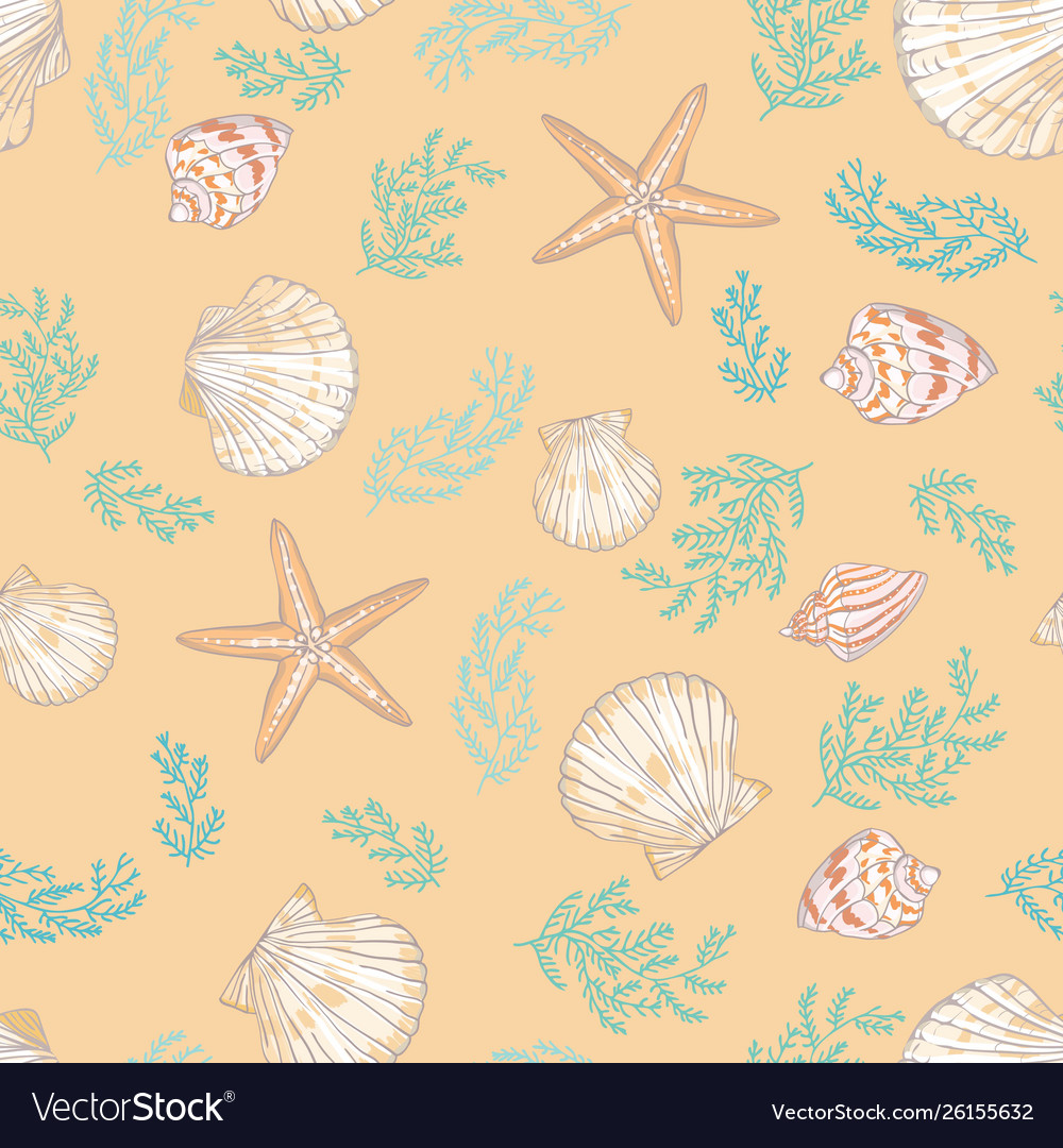 Seashell seamless pattern scallop background vector image Seashell seamless pattern scallop background
