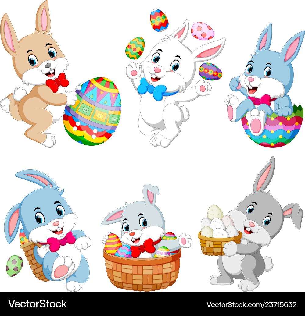 Set cute easter rabbits with easter eggs Vector Image