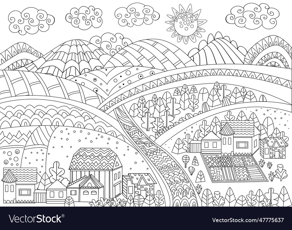 Fancy rural landscape for your coloring page