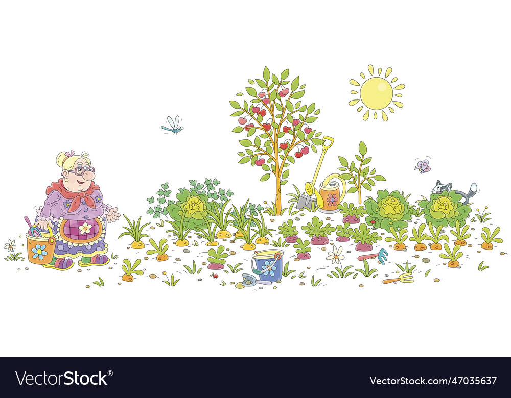 Funny granny working in her vegetable garden