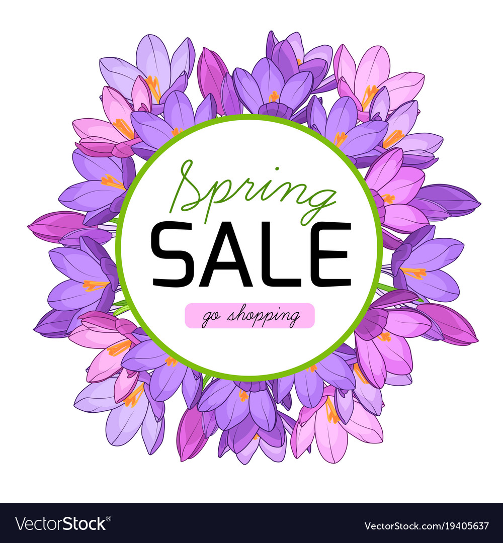 Spring sale promo banner crocus flowers wreath