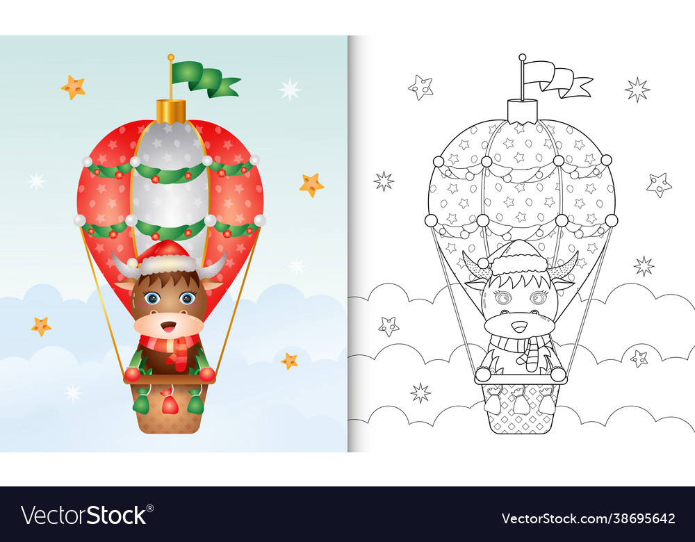 Coloring book with a cute buffalo christmas Vector Image