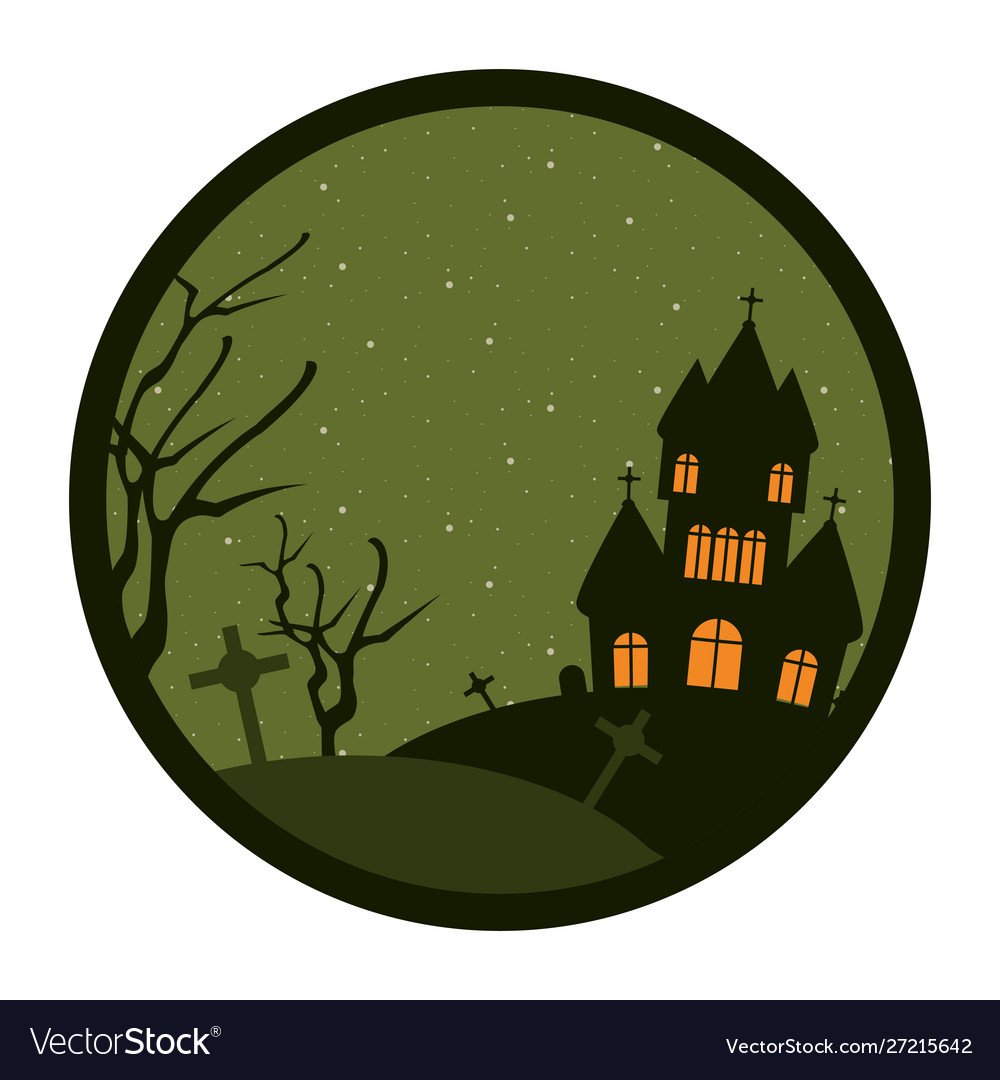 Halloween dark castle and cemetery scene