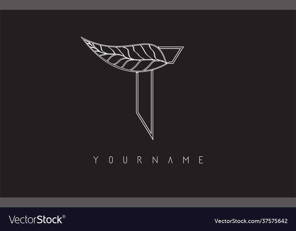 White outline t letter logo with leaf