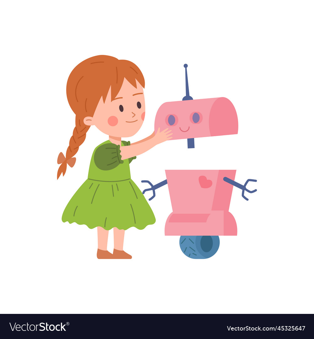 Child girl constructing smart robot machine flat Vector Image Child girl constructing smart robot machine flat