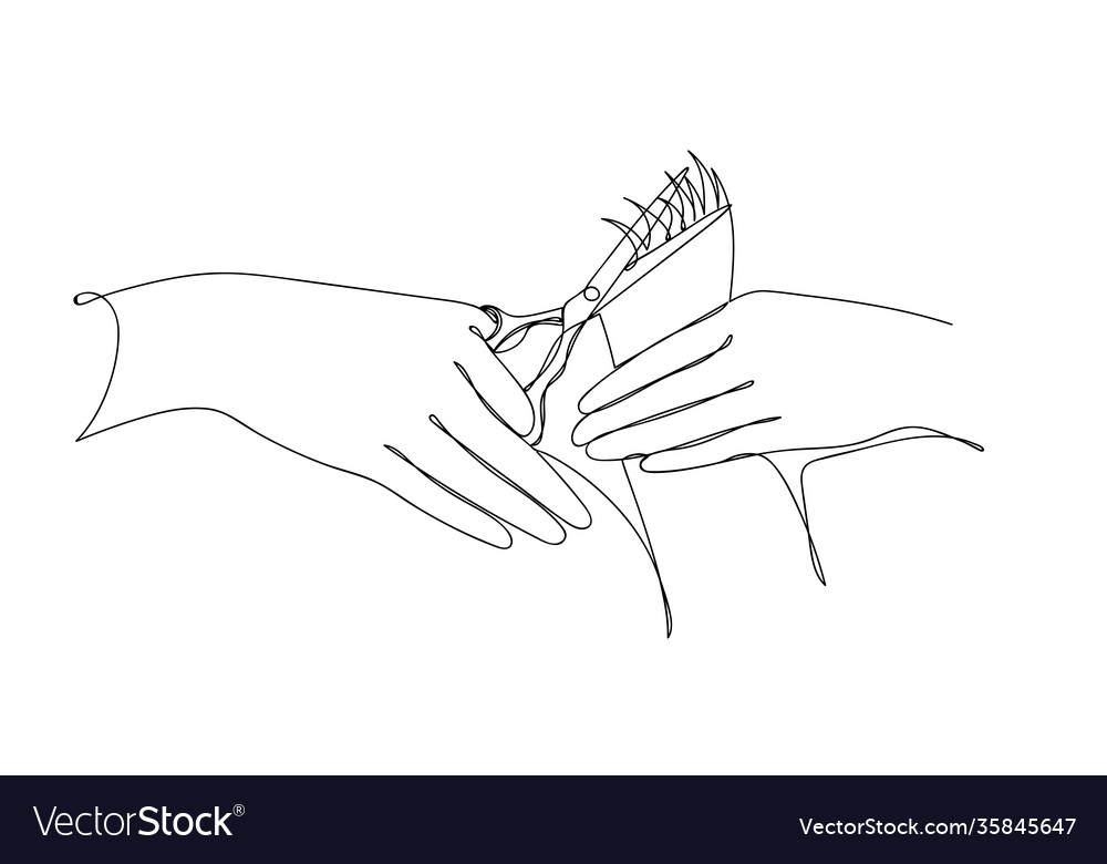 Continuous black line hands with scissors vector image Continuous black line hands with scissors
