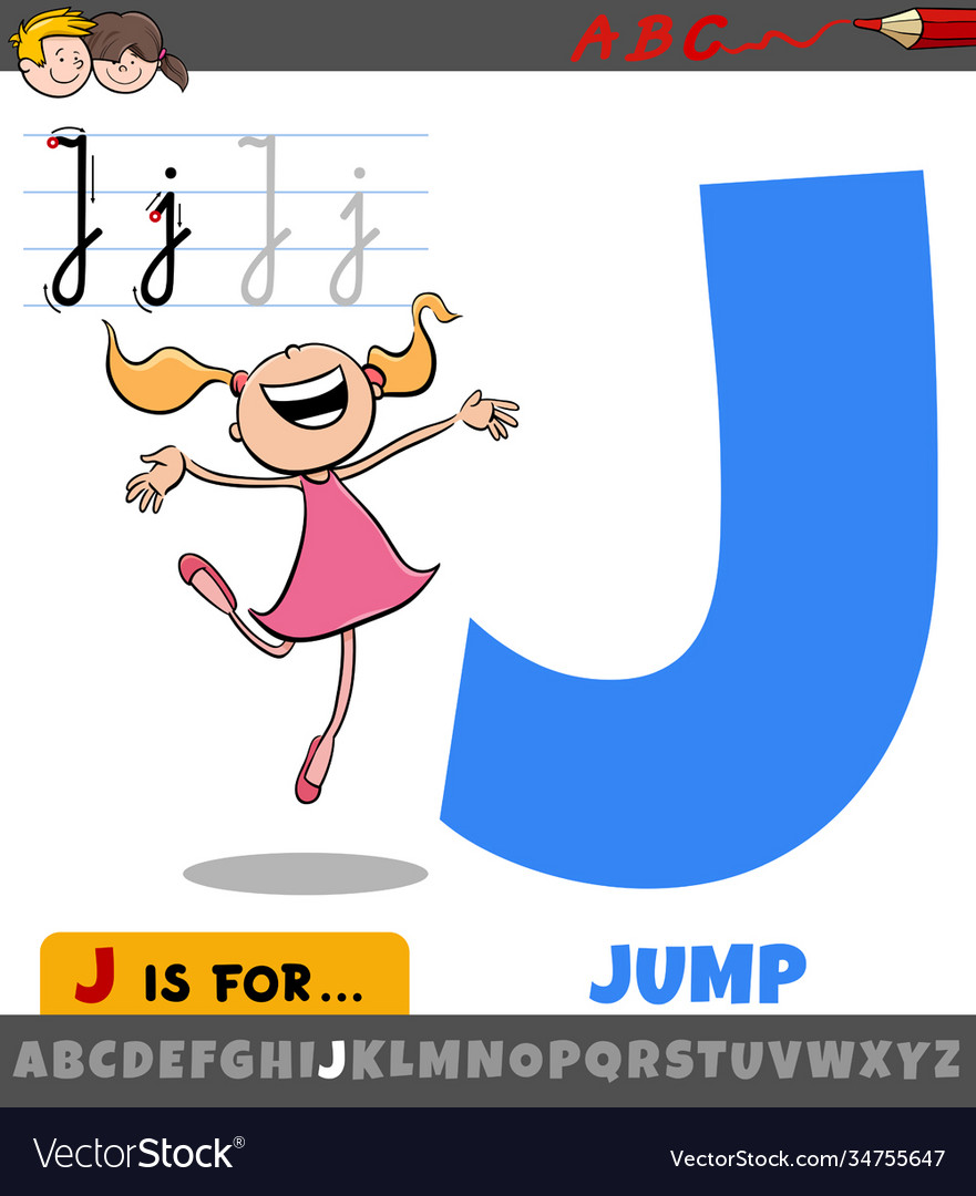 Letter j worksheet with jump word Royalty Free Vector Image