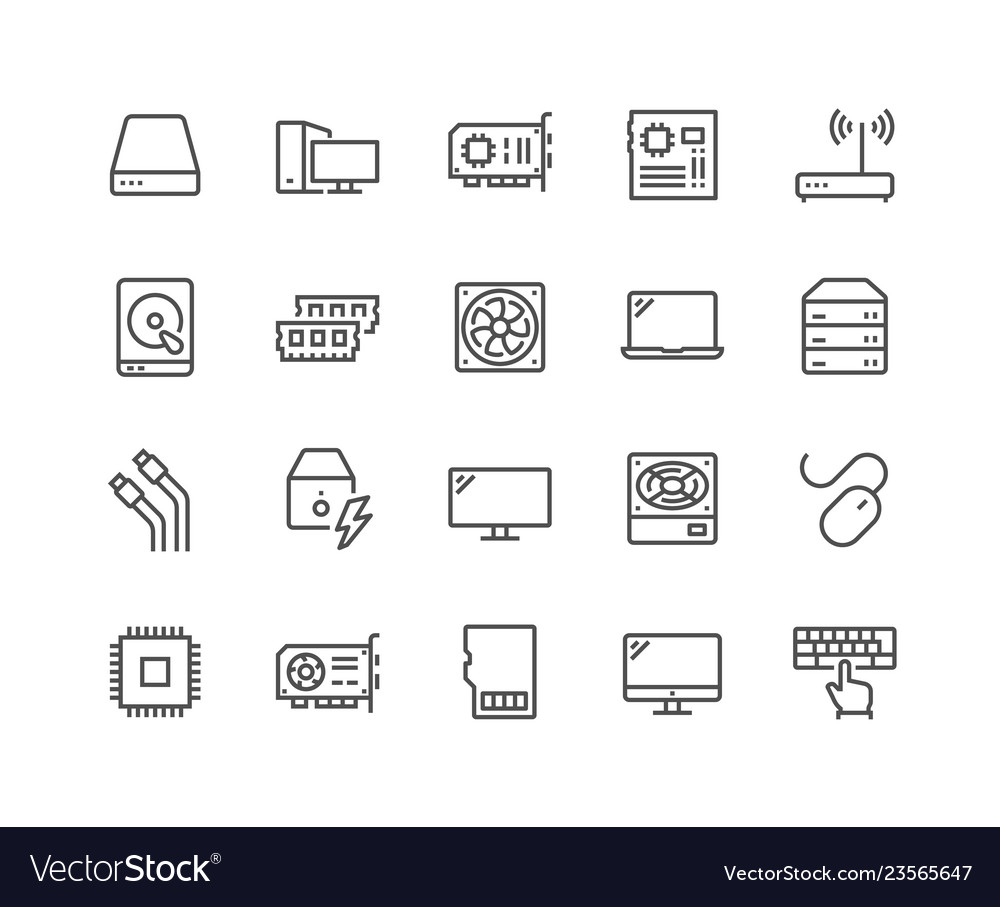 Line computer components icons Royalty Free Vector Image