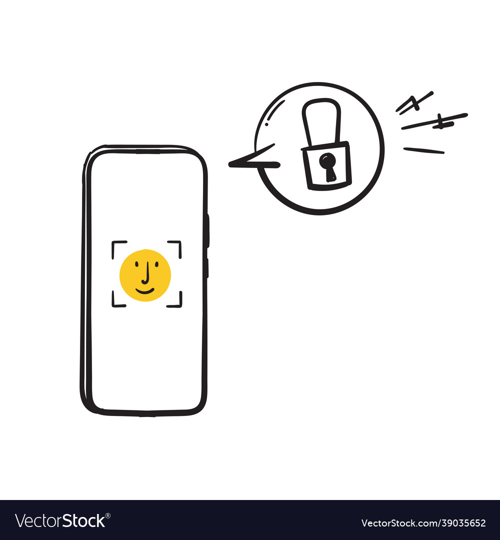 Hand drawn doodle mobile phone with face id