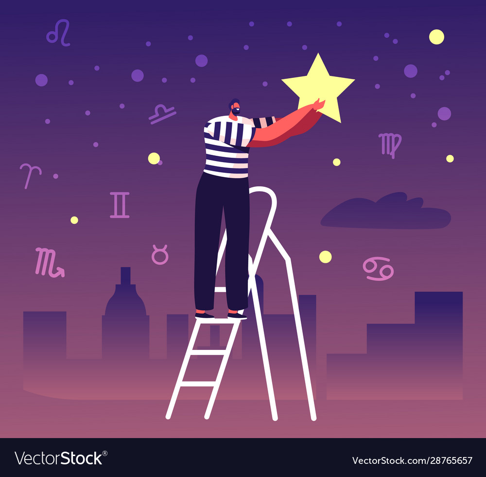 Male character stand on ladder put star night