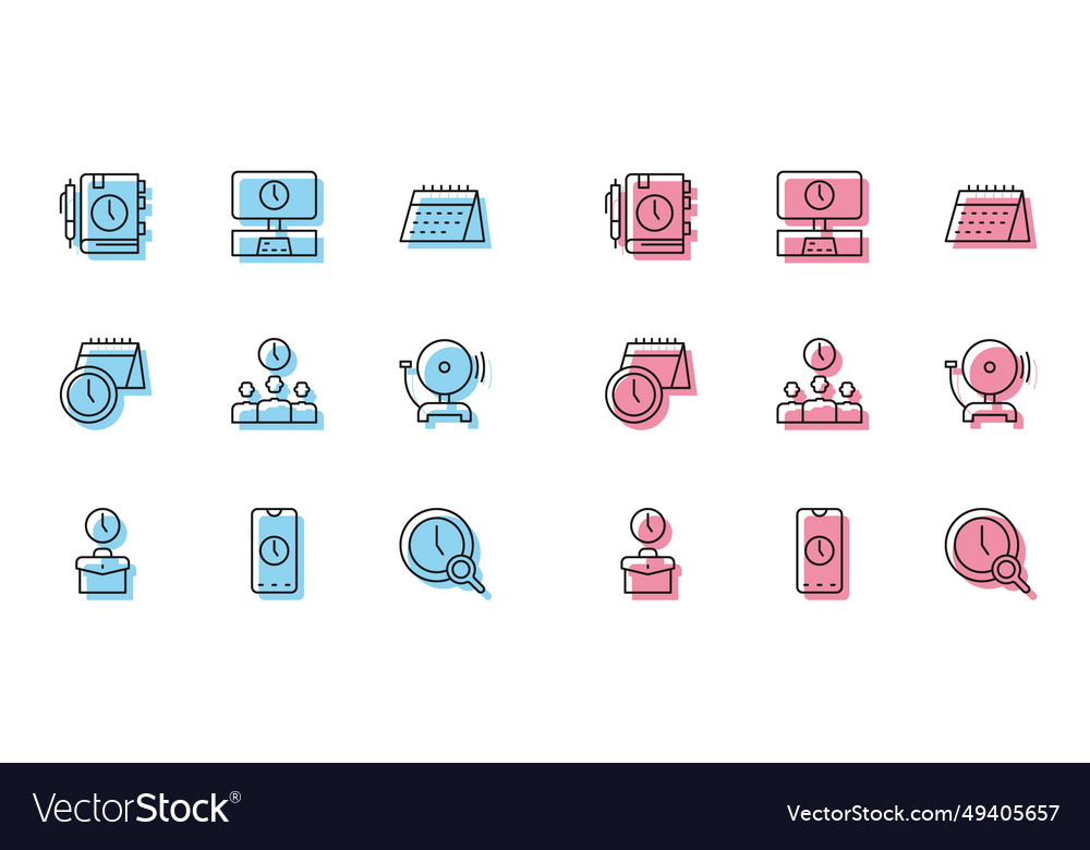 Set line work time alarm clock app mobile daily vector image Set line work time alarm clock app mobile daily