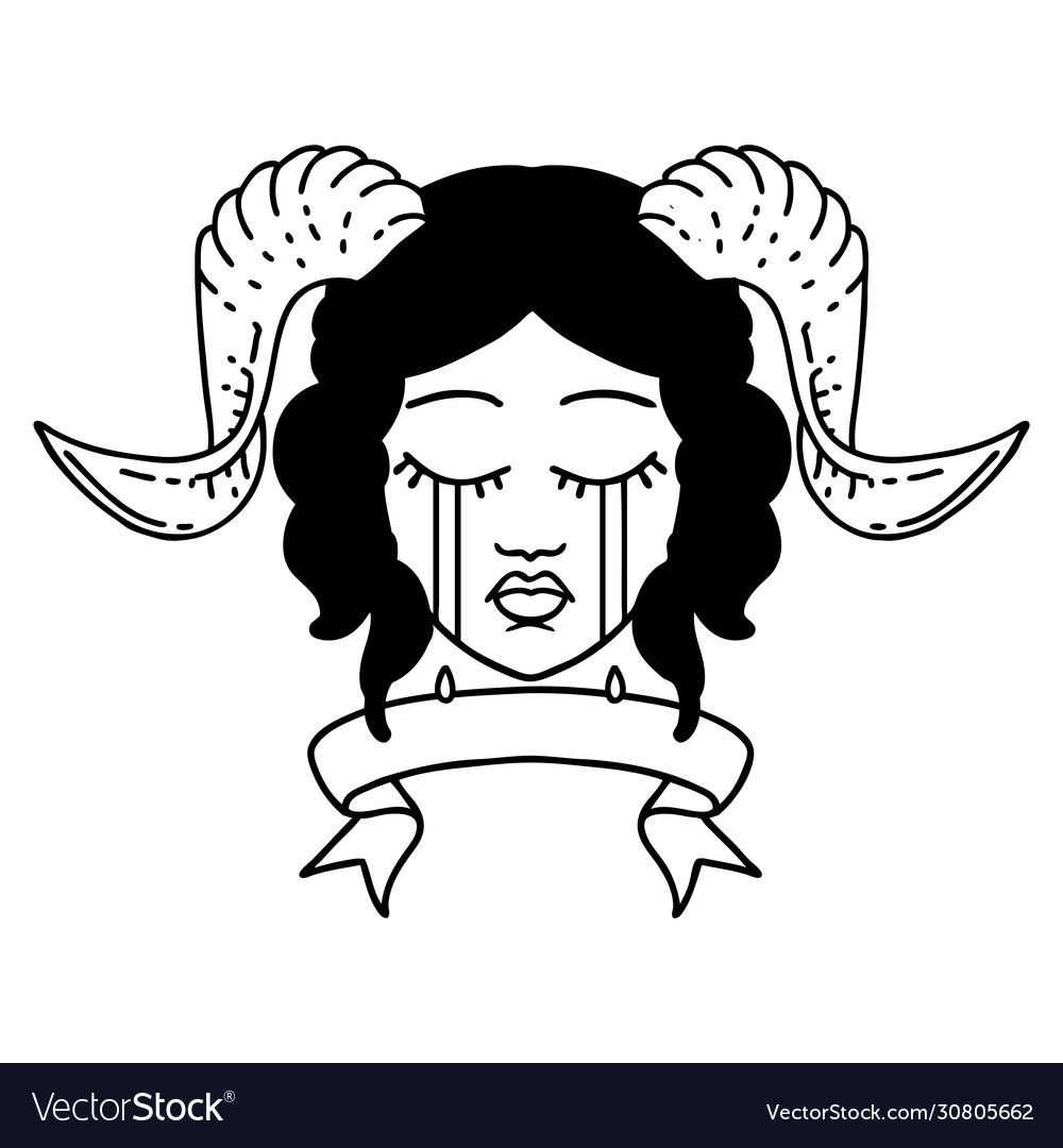 Crying tiefling character face with scroll banner