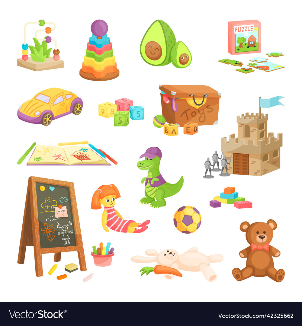 Nursery plush toys baby plastic toy wooden cubes Vector Image