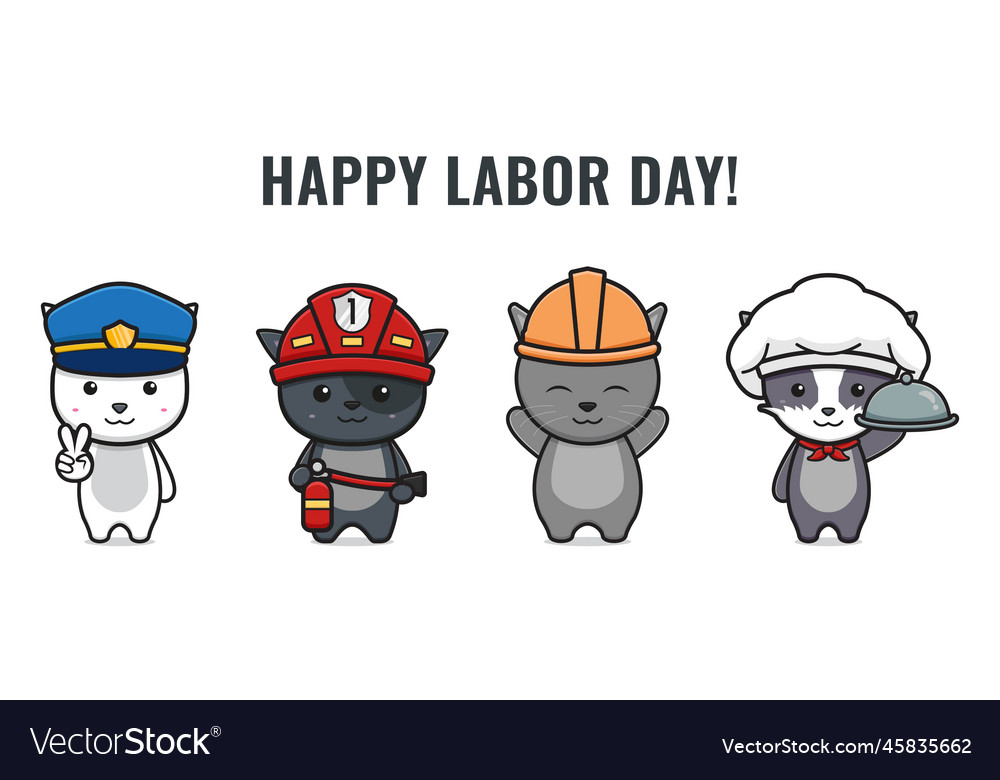 Set of cute cat celebrate labor day cartoon icon