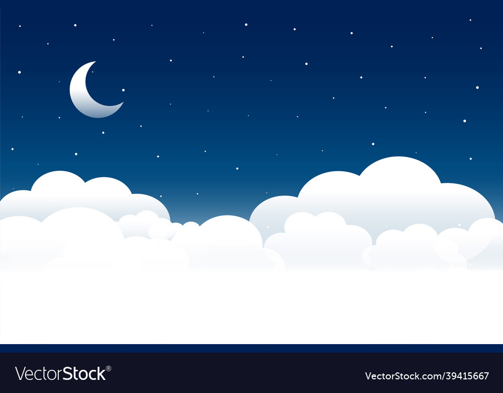 Fluffy clouds night scene with moon and stars Vector Image