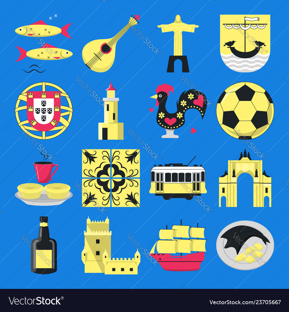 Portugal culture icons set in flat style vector image Portugal culture icons set in flat style