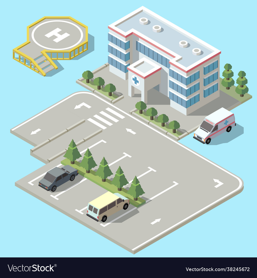 3d Isometric Hospital Ambulance With Parking Vector Image