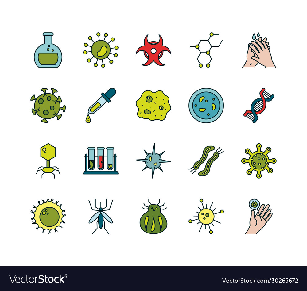 Isolated virus line and fill style icon set