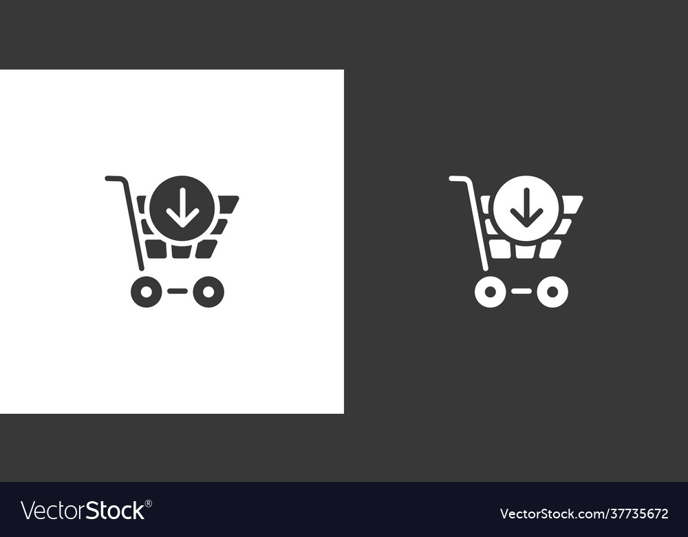 Shopping cart down arrow isolated icon on black