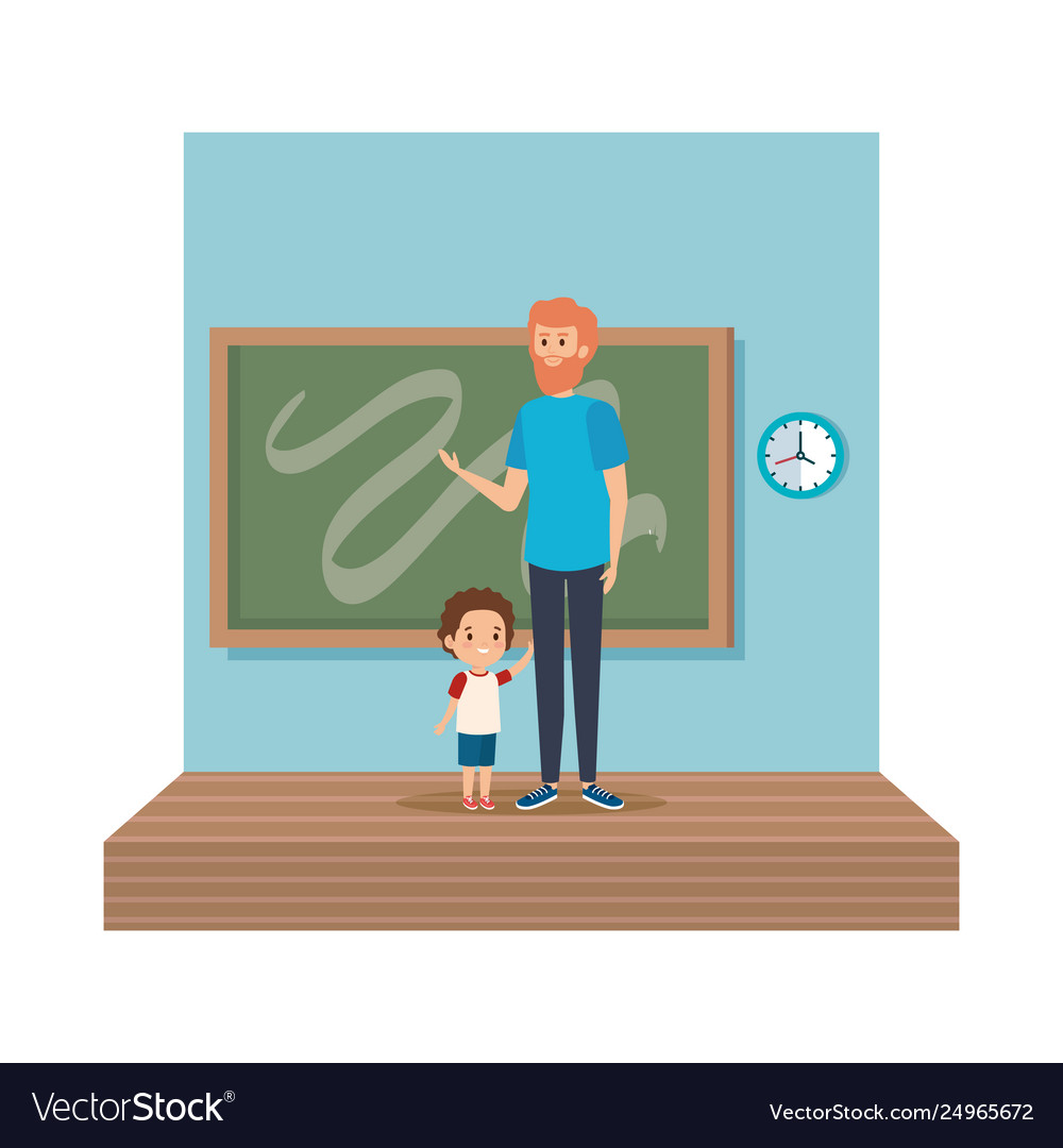 Teacher male with schoolboy in classroom