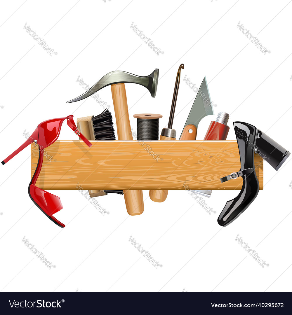 Wooden board with cobbler tools Royalty Free Vector Image