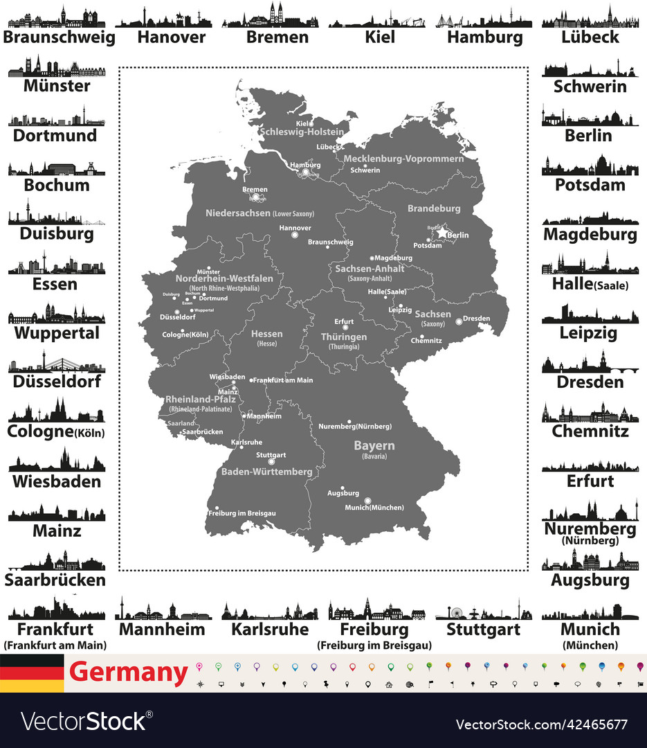 German States And Capitals Map Germany Map With States Capitals And Largest Vector 42465677
