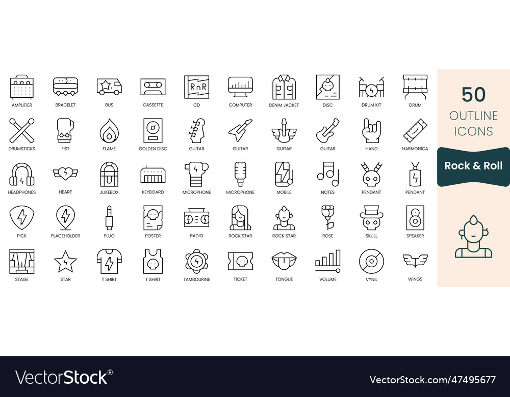 Set of rock and roll icons thin linear style