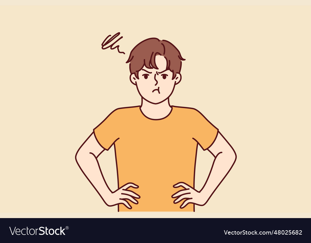 Angry boy looks at screen and keeps hands on belt Vector Image