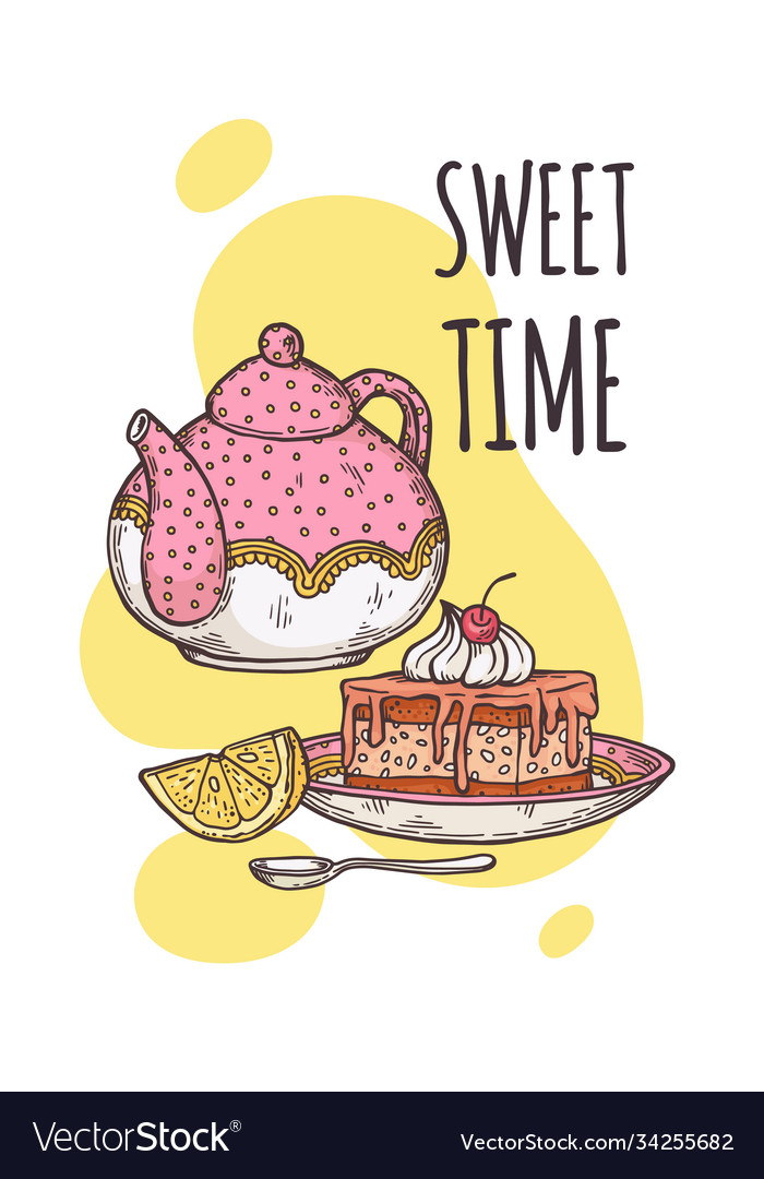 Sweet time drinking tea poster flat cartoon Vector Image