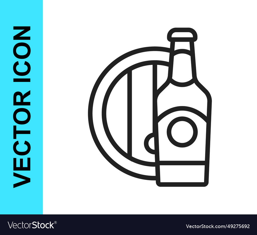 Black line beer bottle and wooden barrel icon vector image Black line beer bottle and wooden barrel icon