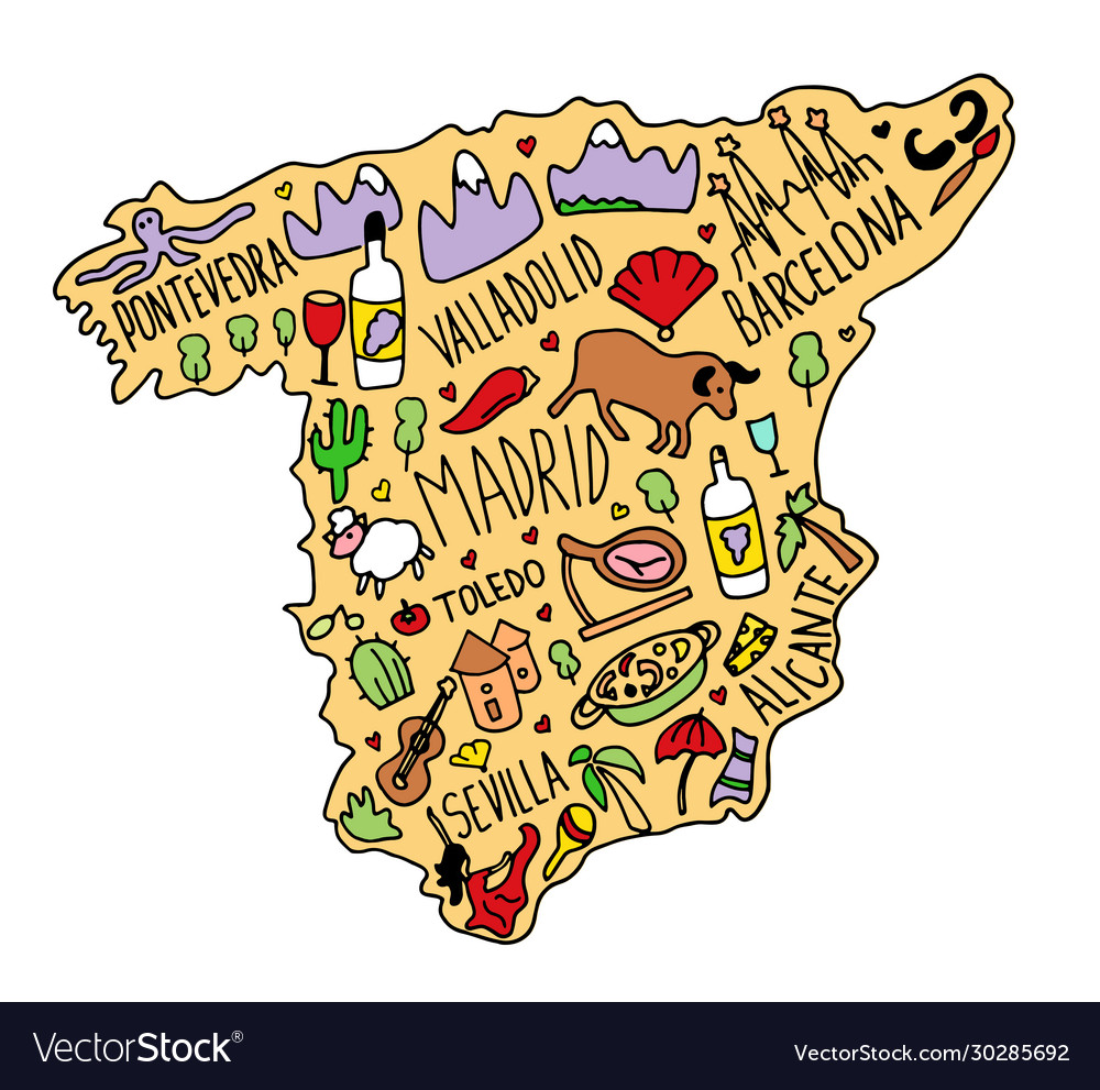 Colored hand drawn doodle spain map spanish city