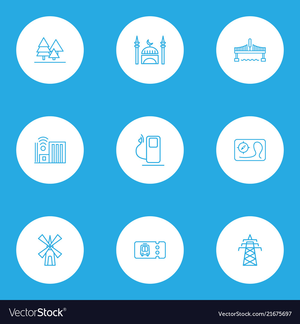 Public skyline icons line style set with map vector image Public skyline icons line style set with map